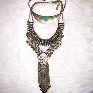 Lot of 2 Gold & Turquoise Statement Necklaces